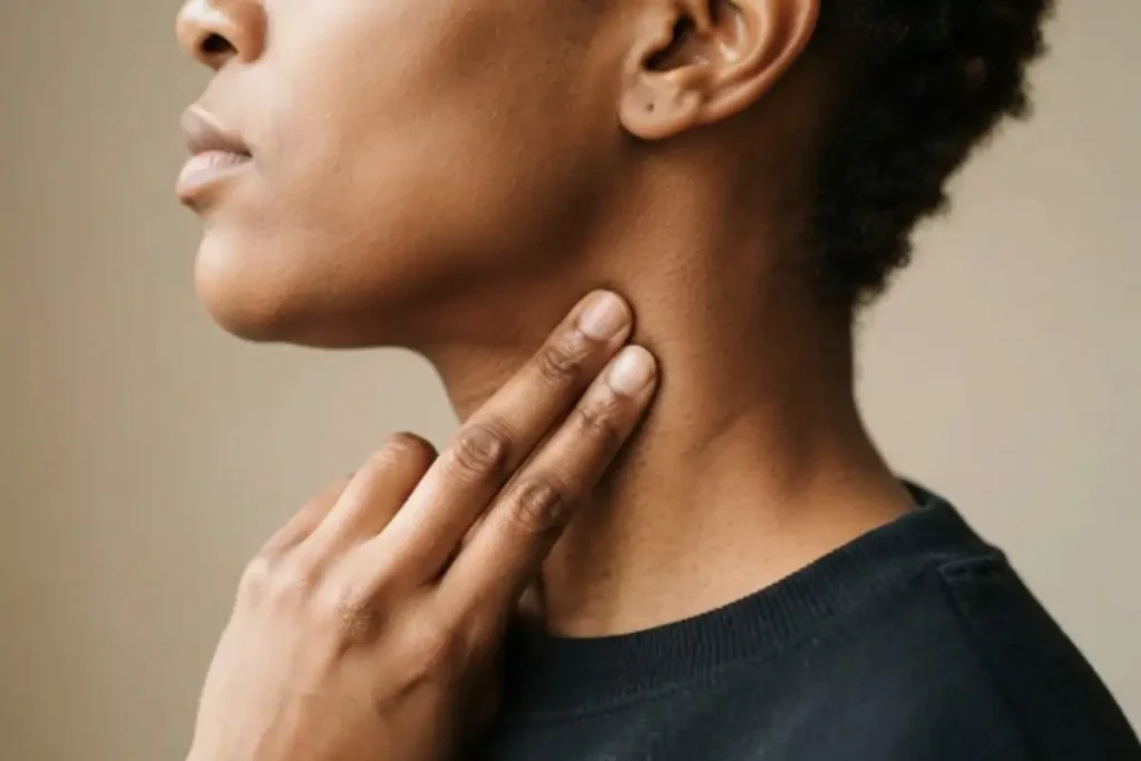 A person checking their pulse on their neck due to a fast heartbeat.
